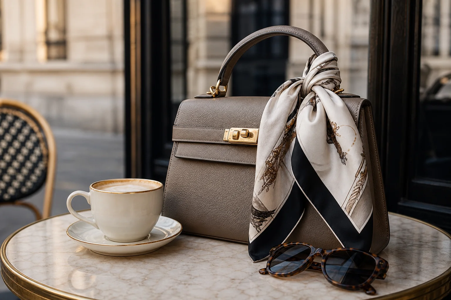 Elegant scarf and handbag styling on cafe table